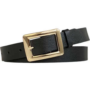 Goderi   Deri Gold Dikdörtgen Tokalı Siyah Ince Kadın Kemeri, 3cm