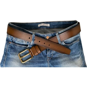 Goderi   Deri, Gold Tokalı Kahverengi Kadın Kot Kemeri 4 cm