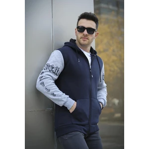 Extrem Pamuklu Üç Iplik Şardonlu Fermuarlı Kapüşonlu Kol Baskılı Slim Fit Erkek Sweatshirt