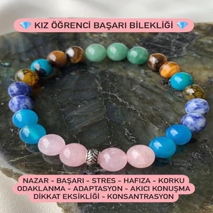 Sertifikalı   Doğal Taş Kız Öğrenci Başarı Bilekliği (Kaplangözü, Pembe Kuvars, Turkuaz, Akik, Sodalit ve Aventurin)