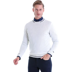 Ekru Regular Fit Çizgili Yün Bisiklet Yaka Triko Kazak