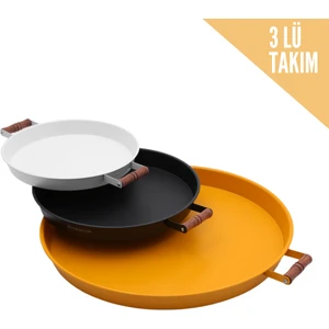 Kitchen Trend 3 Lü(Sarı,siyah,beyaz)Ahşap Kulplu Metal Tepsi Çay Tepsisi Kahve Tepsisi Sunum Tepsi Seti