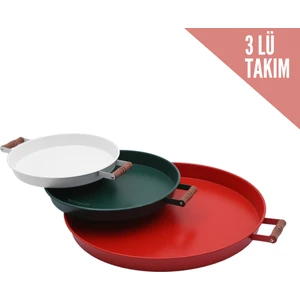 Kitchen Trend 3 Lü(Kırmızı,yeşil,beyaz) Ahşap Kulplu Metal Tepsi Çay Tepsisi Kahve Tepsisi Sunum Tepsi Seti