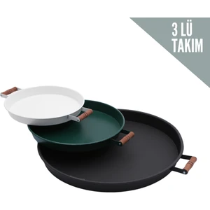 Kitchen Trend 3 Lü(Siyah,yeşil,beyaz)  Ahşap Kulplu Metal Tepsi Çay Tepsisi Kahve Tepsisi Sunum Tepsi Seti