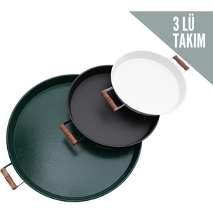 Kitchen Trend 3 Lü(Yeşil,siyah,beyaz) Ahşap Kulplu Metal Tepsi Çay Tepsisi Kahve Tepsisi Sunum Tepsi Seti