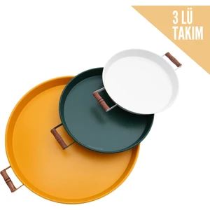Kitchen Trend 3 Lü Ahşap Kulplu Metal Tepsi Çay Tepsisi Sunum Tepsi Seti(Sarı,yeşil,beyaz)