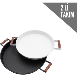Kitchen Trend 2'li Ahşap Kulplu 37 cm Siyah ve 30 cm Beyaz Tepsi Çay Kahve Sunum Tepsisi