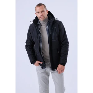 Erkek Kapüşonlu Su ve Rüzgar Geçirmez Kapitone Içi Kürklü Elyaf Dolgulu Şişme Siyah Softshell Mont