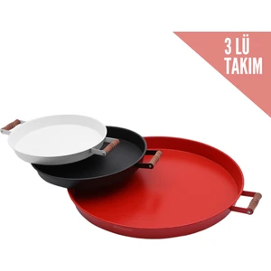 Kitchen Trend 3 Lü(Kırmızı,siyah,beyaz) Ahşap Kulplu Metal Tepsi Çay Tepsisi Kahve Tepsisi Sunum Tepsi Seti