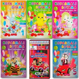 Koparmalı Boyama Kitabı 5 Adet ve  12 Renk Kuru Boya (Ciltli)