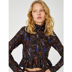 Uzun Kollu Tişört Çiçekli Dik Yaka