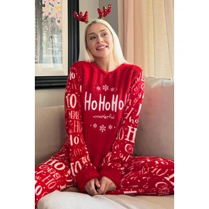 Pijama Evi Kırmızı Hoho Desenli Kadın Peluş Pijama Takımı