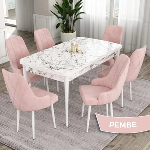 Concept Ram Serisi 80X132 Açılabilir Yemek Masası Takımı Beyaz Mermer Desen Masa 6 Babyface Kumaş Sandalye
