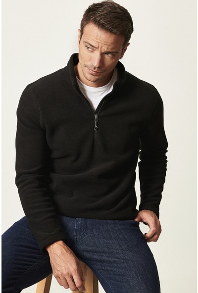 AC&Co / Altınyıldız Classics Erkek Siyah Standart Fit Normal Kesim Fermuarlı Bato Yaka Isı Koruyan Polar Sweatshirt