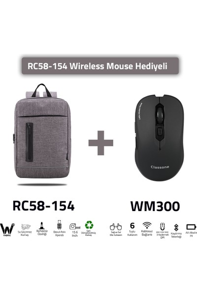 Classone RC58-154-WM300 -15.6" Recycle Kumaş Laptop ,notebook Sırt Çantası+Kablosuz Mouse