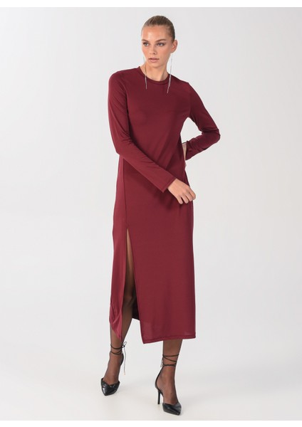 Bisiklet Yaka Düz Maksi Bordo Kadın Elbise ELBFW22-41 fiyatları