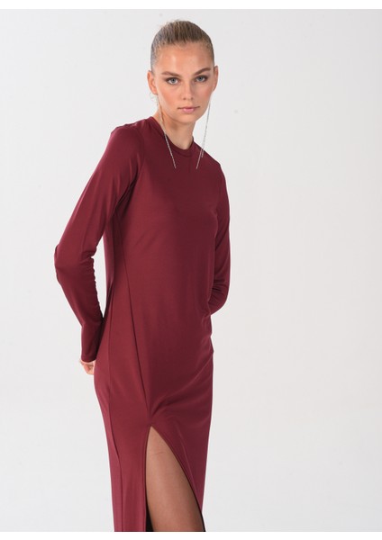 Bisiklet Yaka Düz Maksi Bordo Kadın Elbise ELBFW22-41 modelleri