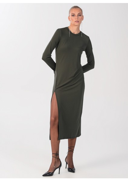 Bisiklet Yaka Düz Maksi Haki Kadın Elbise ELBFW22-41 fiyatları