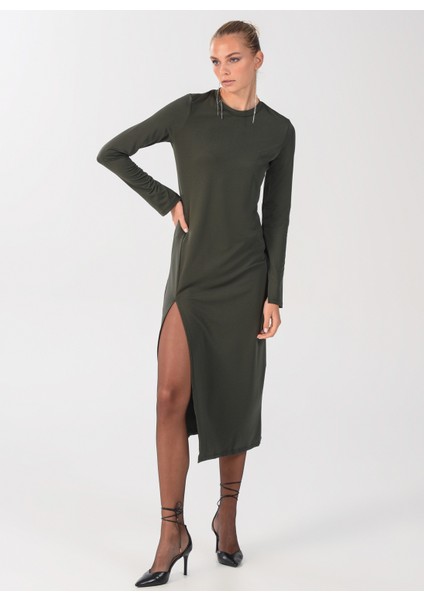 Bisiklet Yaka Düz Maksi Haki Kadın Elbise ELBFW22-41 fırsatları