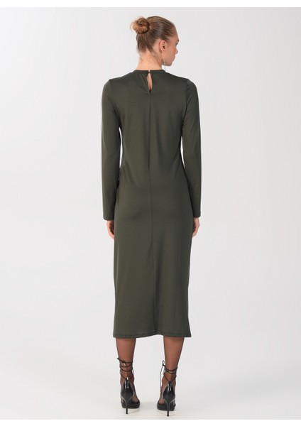 Bisiklet Yaka Düz Maksi Haki Kadın Elbise ELBFW22-41 indirimleri