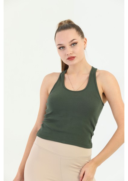 Haki Çapraz Askılı Slim Fit Ribana Kadın Atlet modelleri