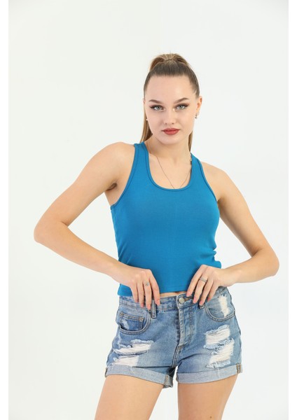 Mavi Çapraz Askılı Slim Fit Ribana Kadın Atlet fiyatları