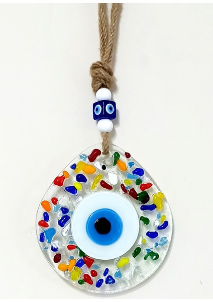 Gökkuşağı Renklerinde Nazar Boncuklu Damla Model Şeffaf Cam Duvar Süsü