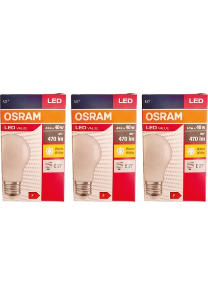 Led Value 4,9W Sarı Işık E-27 470lm Ampul  3 lü Paket