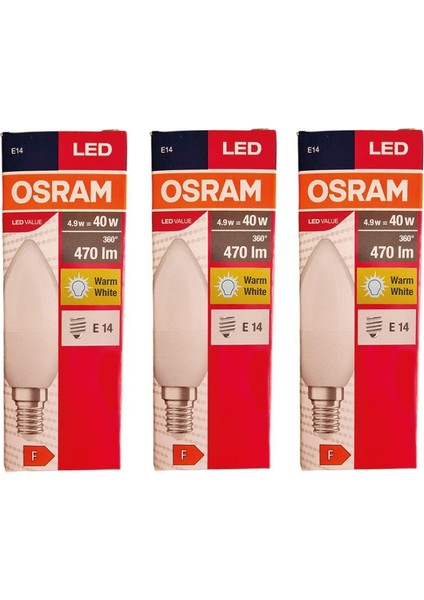 Led Value 4,9W Sarı Işık E-14 470lm Ampul 3 lü Paket