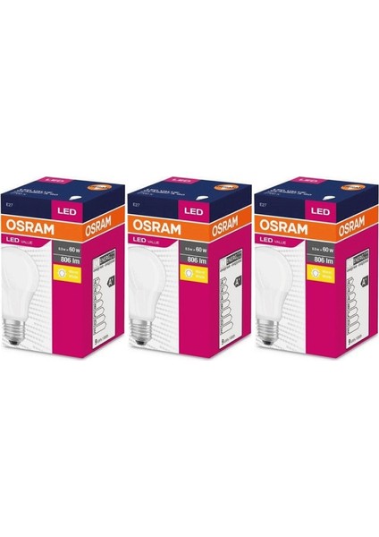 Led Value 8;5W Sarı Işık E-27 806lm Ampul 3 lü Paket