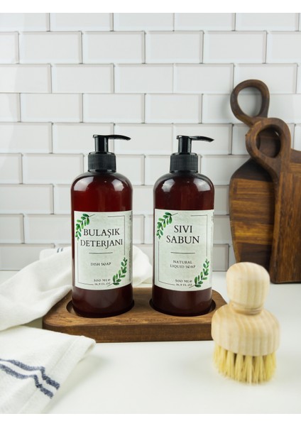 Ahşap Oval Stant Tasarım Etiket Sarı Kantaron Sıvı Sabun Ve Bulaşık Deterjanı Amber Şişe Seti