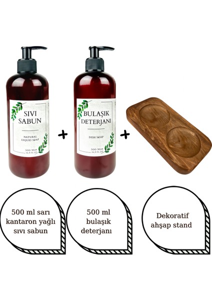 Ahşap Oval Stant Tasarım Etiket Sarı Kantaron Sıvı Sabun Ve Bulaşık Deterjanı Amber Şişe Seti fiyatları