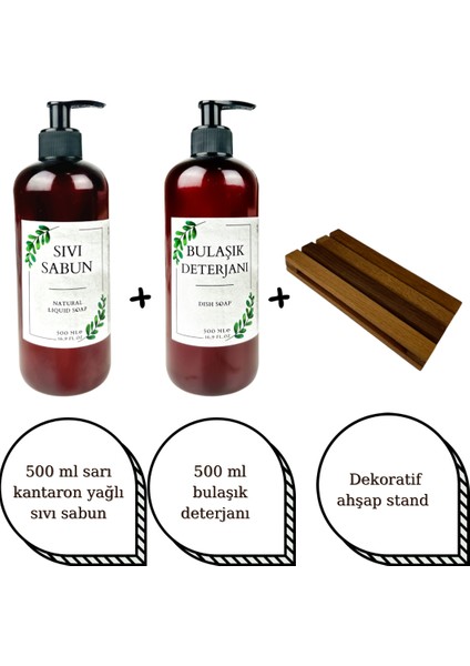 Ahşap Köşeli Stant Tasarım Etiket Sarı Kantaron Sıvı Sabun Ve Bulaşık Deterjanı Amber Şişe Seti fiyatları