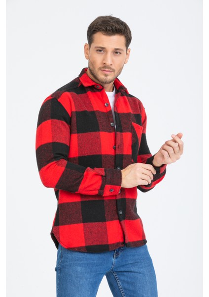 Erkek Kırmızı-Siyah Oversize Kareli Ekoseli Pamuklu Kalın Kumaş Oduncu Ceket Gömlek fiyatları