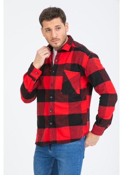 Erkek Kırmızı-Siyah Oversize Kareli Ekoseli Pamuklu Kalın Kumaş Oduncu Ceket Gömlek modelleri