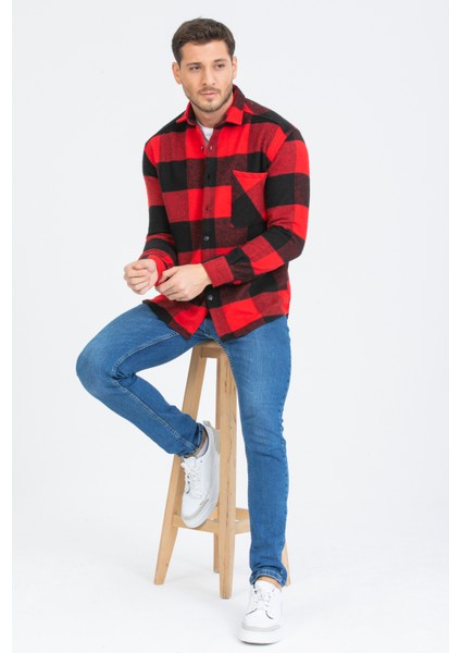 Erkek Kırmızı-Siyah Oversize Kareli Ekoseli Pamuklu Kalın Kumaş Oduncu Ceket Gömlek fırsatları