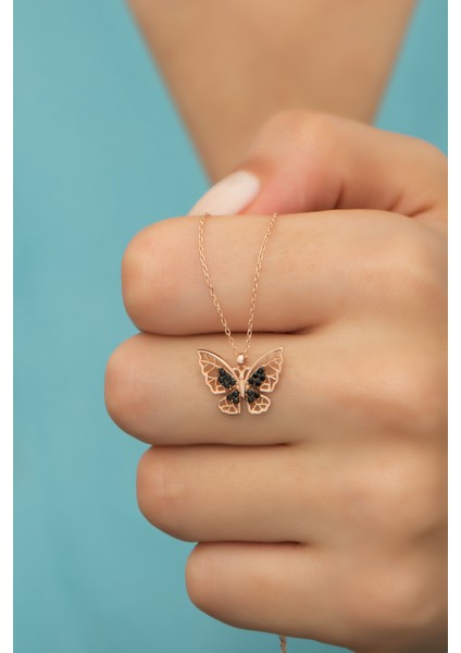 925 Ayar Gümüş Siyah Zirkon Taşlı Kelebek Kolye