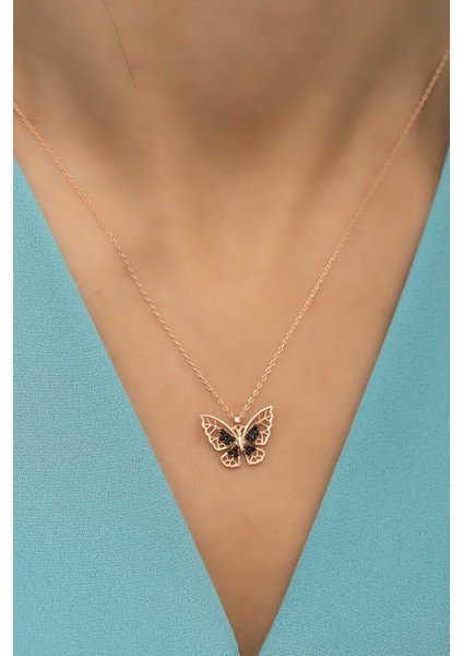 925 Ayar Gümüş Siyah Zirkon Taşlı Kelebek Kolye fiyatları