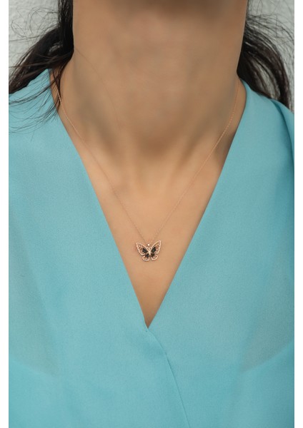 925 Ayar Gümüş Siyah Zirkon Taşlı Kelebek Kolye modelleri