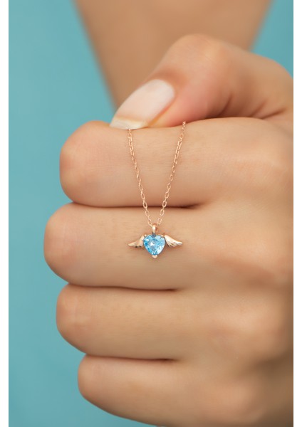 925 Ayar Gümüş Aquamarin Taşlı Uçuşan Kalp Kolye