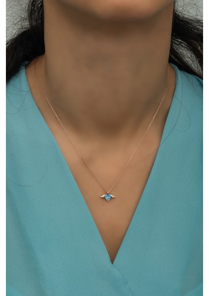 925 Ayar Gümüş Aquamarin Taşlı Uçuşan Kalp Kolye modelleri