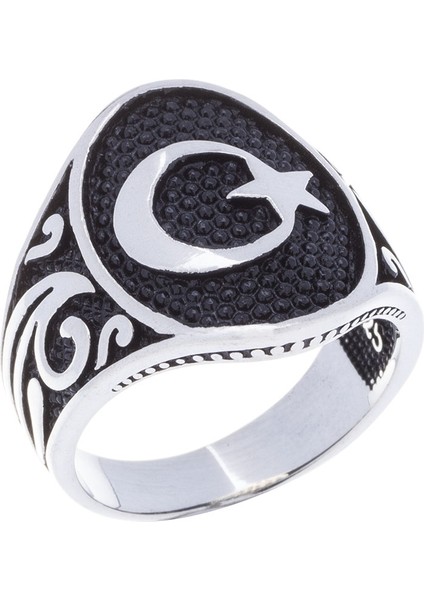 925 Ayar Gümüş Ay Yıldız Desenli Erkek Yüzük