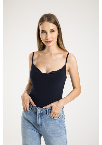Lacivert Degaje Yaka Askılı Bodysuit