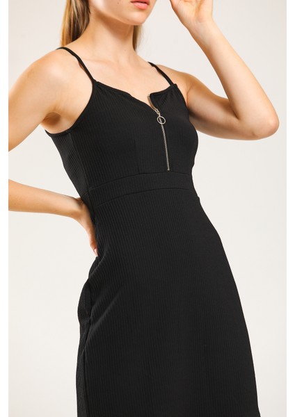 Siyah Askılı Fermuar Detaylı Elbise modelleri