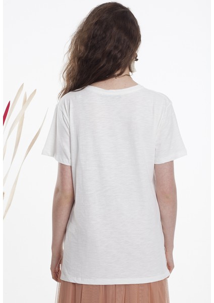 Ekru Geniş Kesim Desenli Tshirt