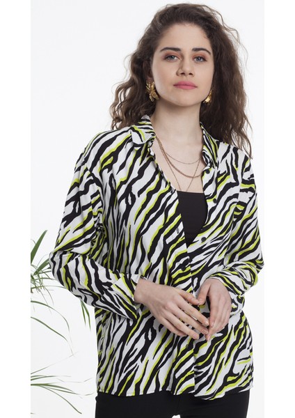 Siyah Beyaz Neon Renkli Uzun Kollu Zebra Desenli Gömlek fiyatları