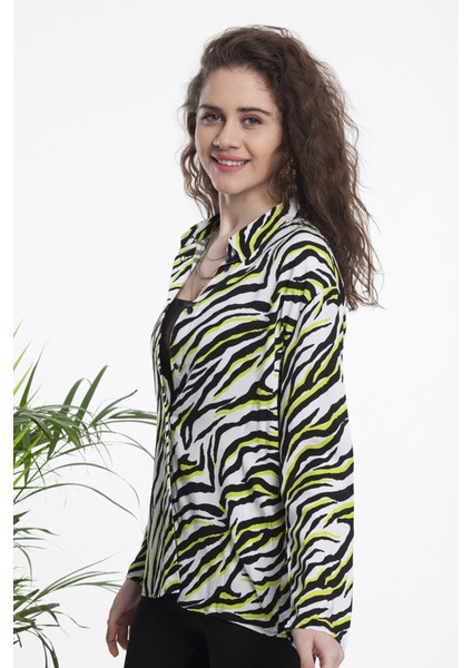 Siyah Beyaz Neon Renkli Uzun Kollu Zebra Desenli Gömlek modelleri