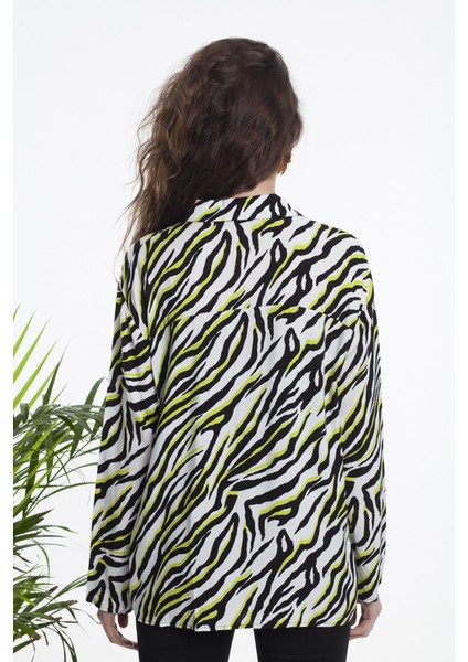 Siyah Beyaz Neon Renkli Uzun Kollu Zebra Desenli Gömlek fırsatları