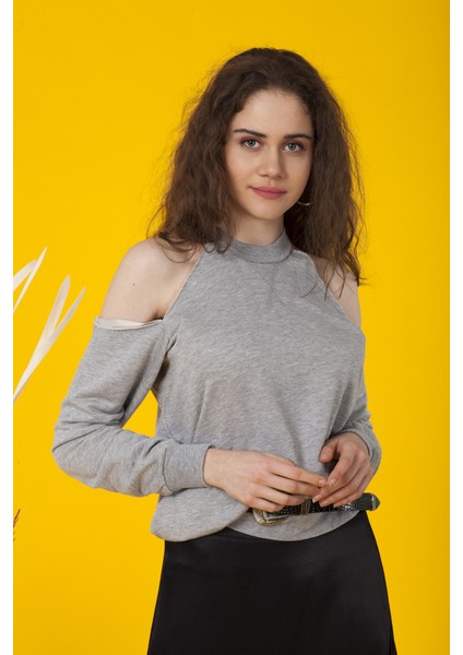 Gri Omuz Pencereli Sweetshirt