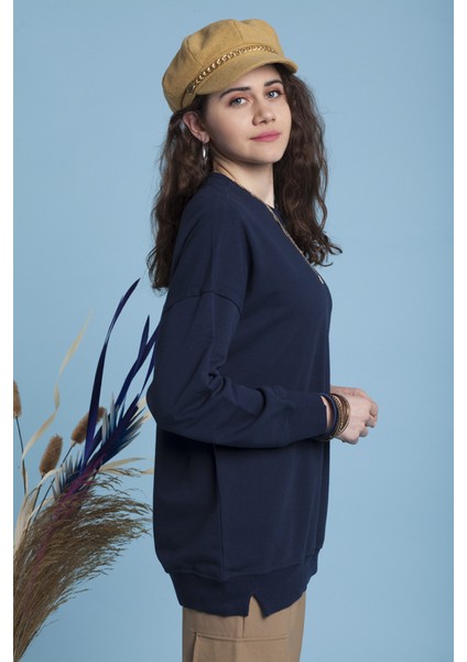 Lacivert Bisiklet Yaka Sweatshirt